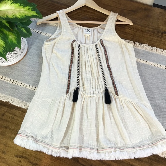 Anthropologie Tops - One September Fringe Tassel Embroidered Boho Tank